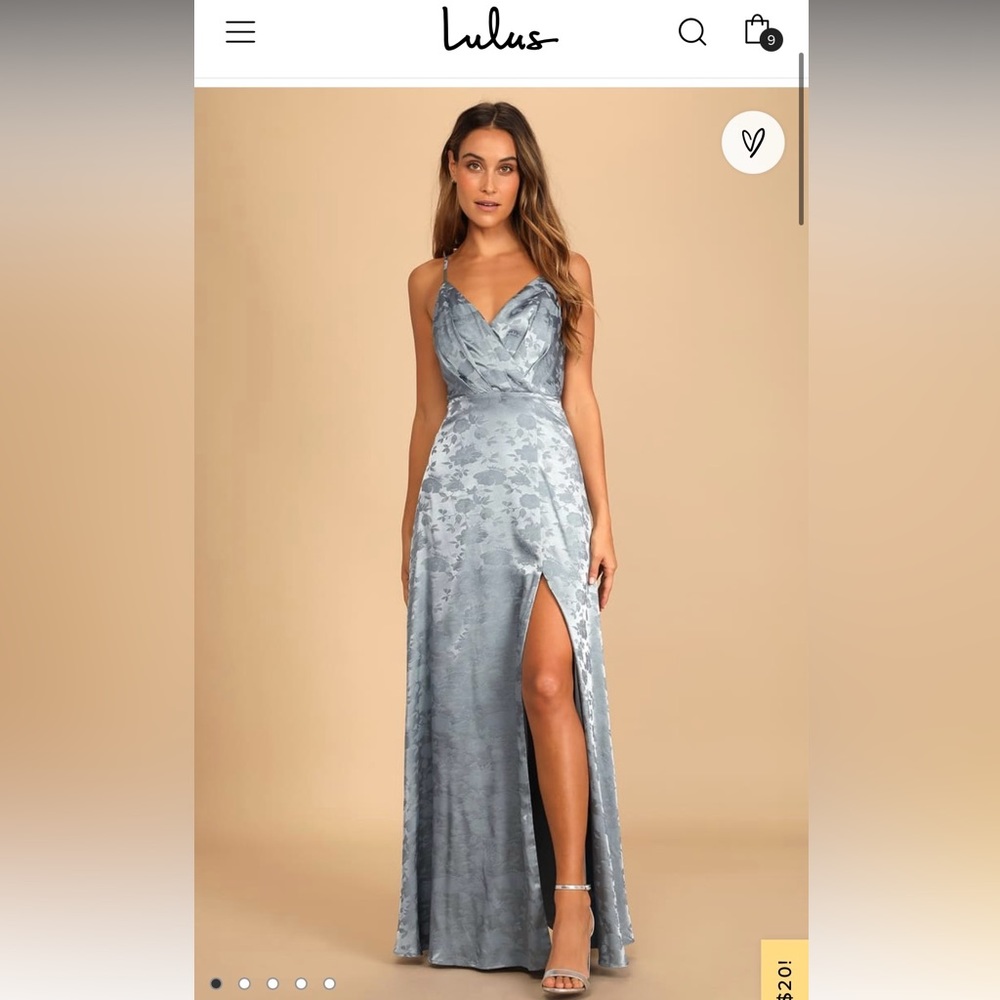 Lulu’s slate blue satin jacquard dress